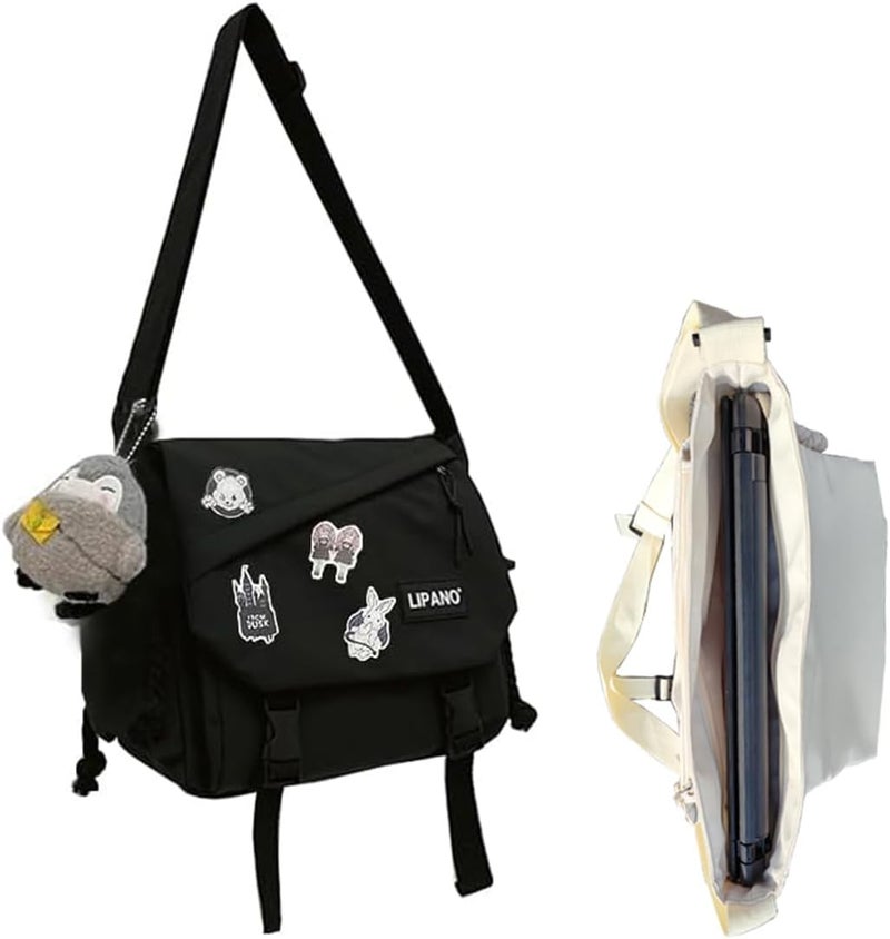 INSHERE Aesthetic Crossbody Bag with Cute Pins and Ornament, Nylon Shoulder Messenger Bag Japanese Kawaii Bag for Women Men - Image 1